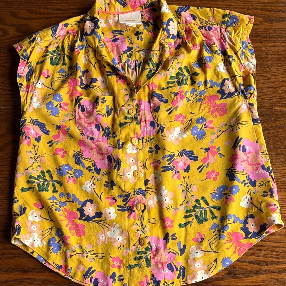 Maeve Goldenrod Yellow Floral sleeveless roomy rayon blouse EUC